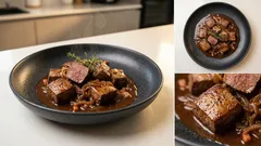 Dančí kostky na česneku a červeném víně – pomalu dušené a s lesklou šťávou bez mouky