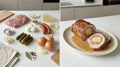 Plněná vepřová roláda z kýty – s vejci, klobásou a okurkami v cibulové omáčce