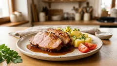 Šťavnatá vepřová pečeně s bramborami: jednoduchá glazura z kečupu a medu