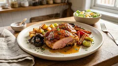 Kuřecí stehna na jednom plechu: zelenina a medovo-sladká glazura bez hlídání