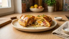 Pizza kapsa z listového těsta: křupavá večeře se šunkou, vejcem a dvěma sýry