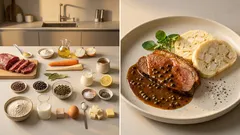 Hovězí roštěná na zeleném pepři: krémová omáčka a domácí houskový knedlík