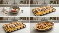 Oběd z jednoho plechu: kuřecí paličky, vepřové a brambory, co nasají výpek