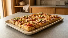 Slané obdélníčky z listového těsta jako mini pizza: rychlé pohoštění do ruky