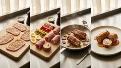 Vepřové závitky s vejcem a okurkou: šťavnaté dušené na cibulovém základu